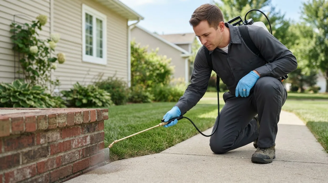 Pest control technician treating a home near Covington, OK
