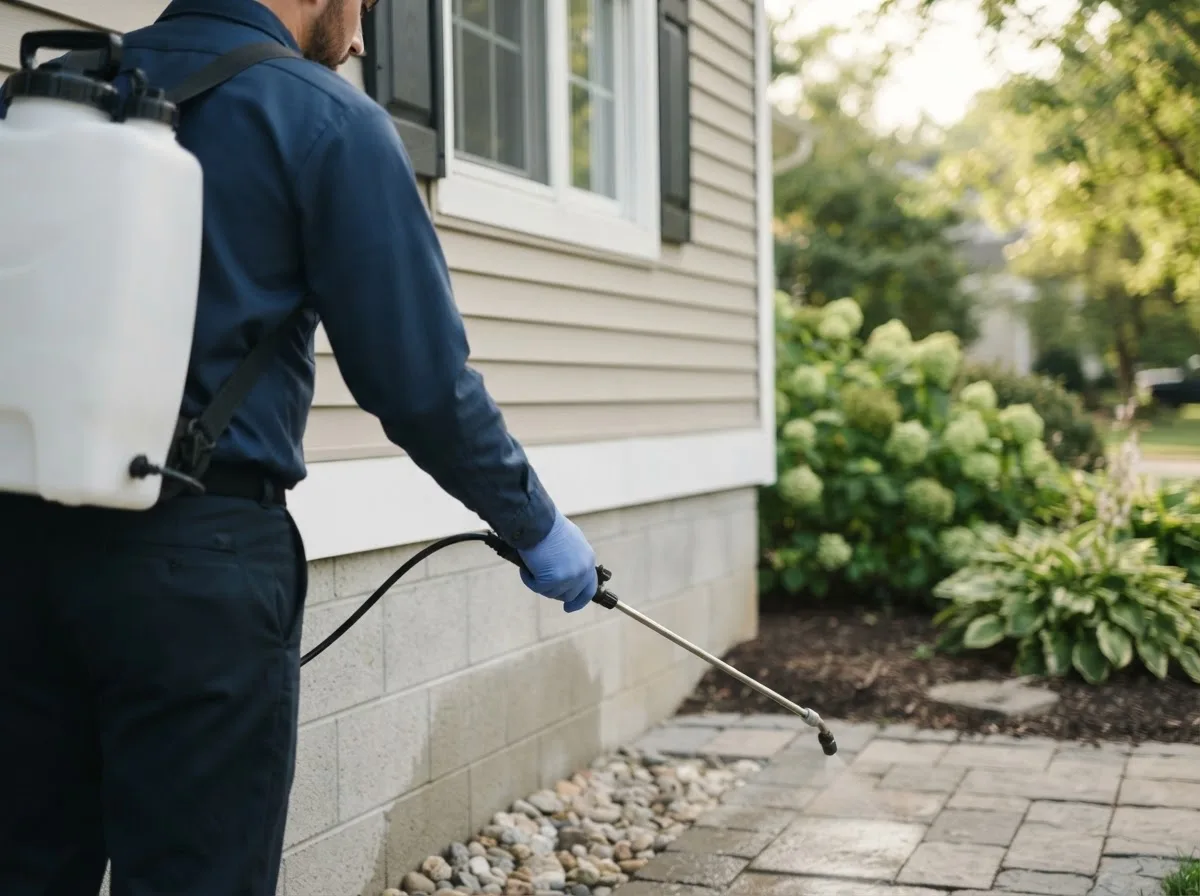 Pest control technician inspecting a home in Covington, OK